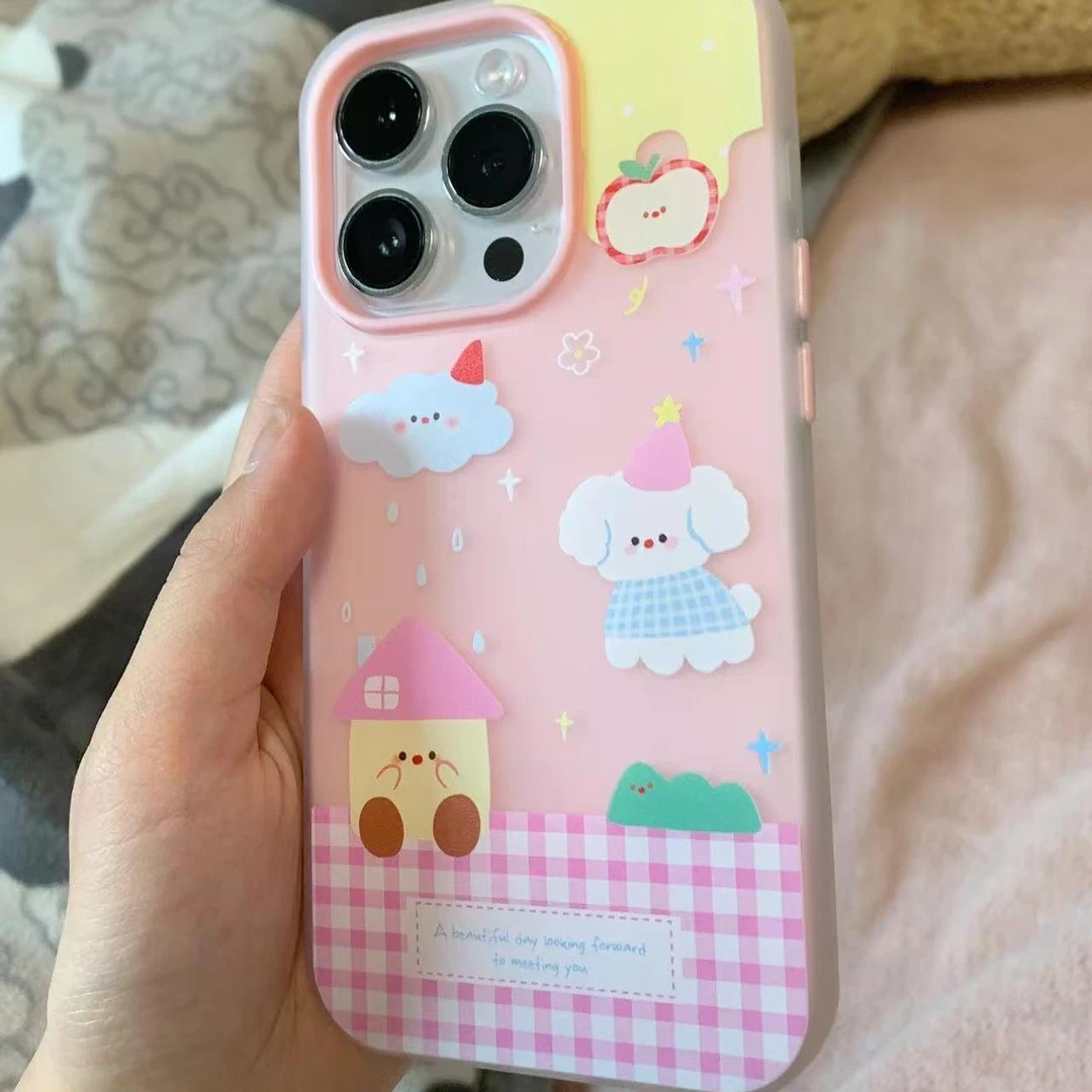 可爱粉格雨滴小狗适用iphone16/15pro苹果13防摔14大孔12手机壳11