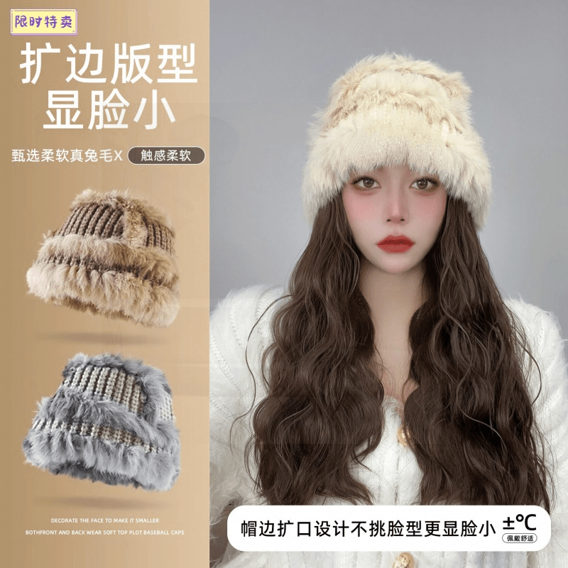假发女长发假发帽子一体时尚女网红兔毛帽长卷发秋冬款自然全头套