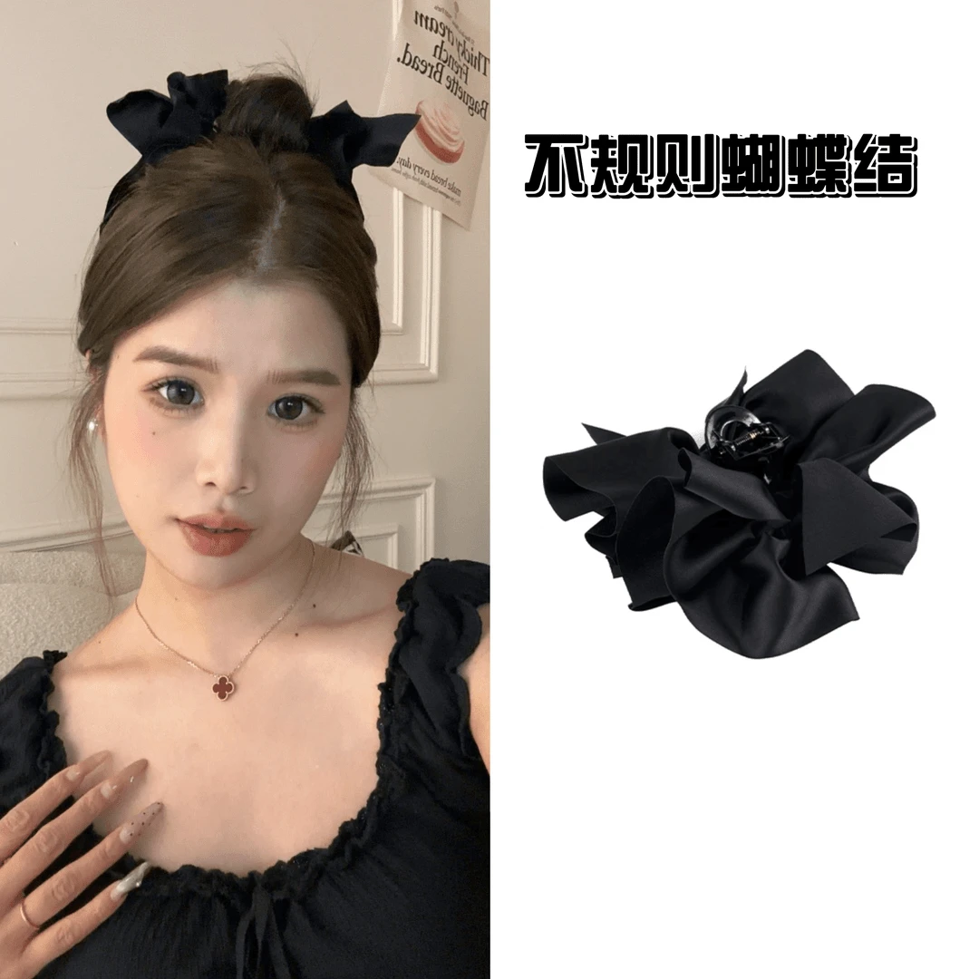 黑色缎面超大蝴蝶结抓夹后脑勺布艺复古法式鲨鱼夹大发夹发饰夹子