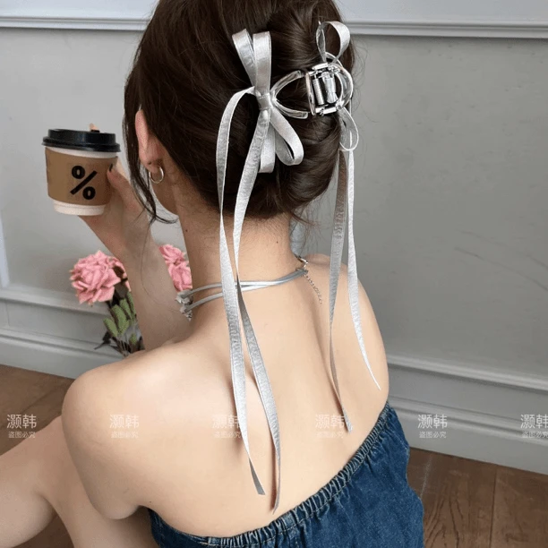 银色芭蕾！新款芭蕾长飘带蝴蝶结银色抓夹马尾夹全盘半扎发夹