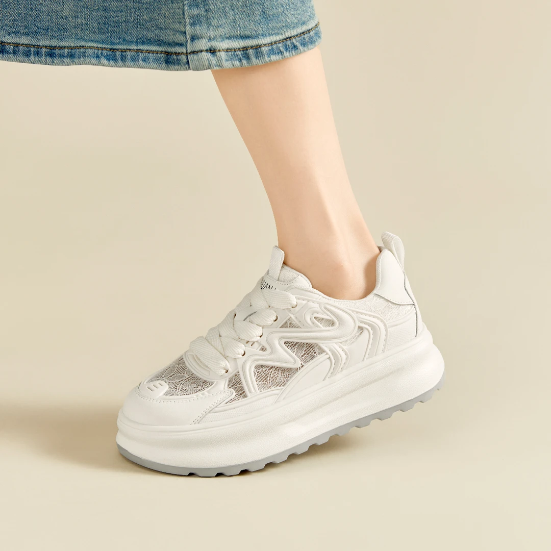 【夏日甜长】华耐2024时尚透气厚底网面休闲板鞋系带潮流粉色老爹鞋