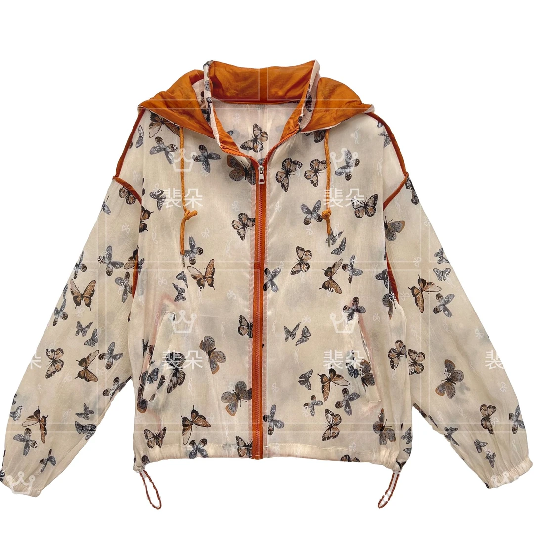 原创定制蝴蝶印花外套防晒衣花薄款连帽女Y855