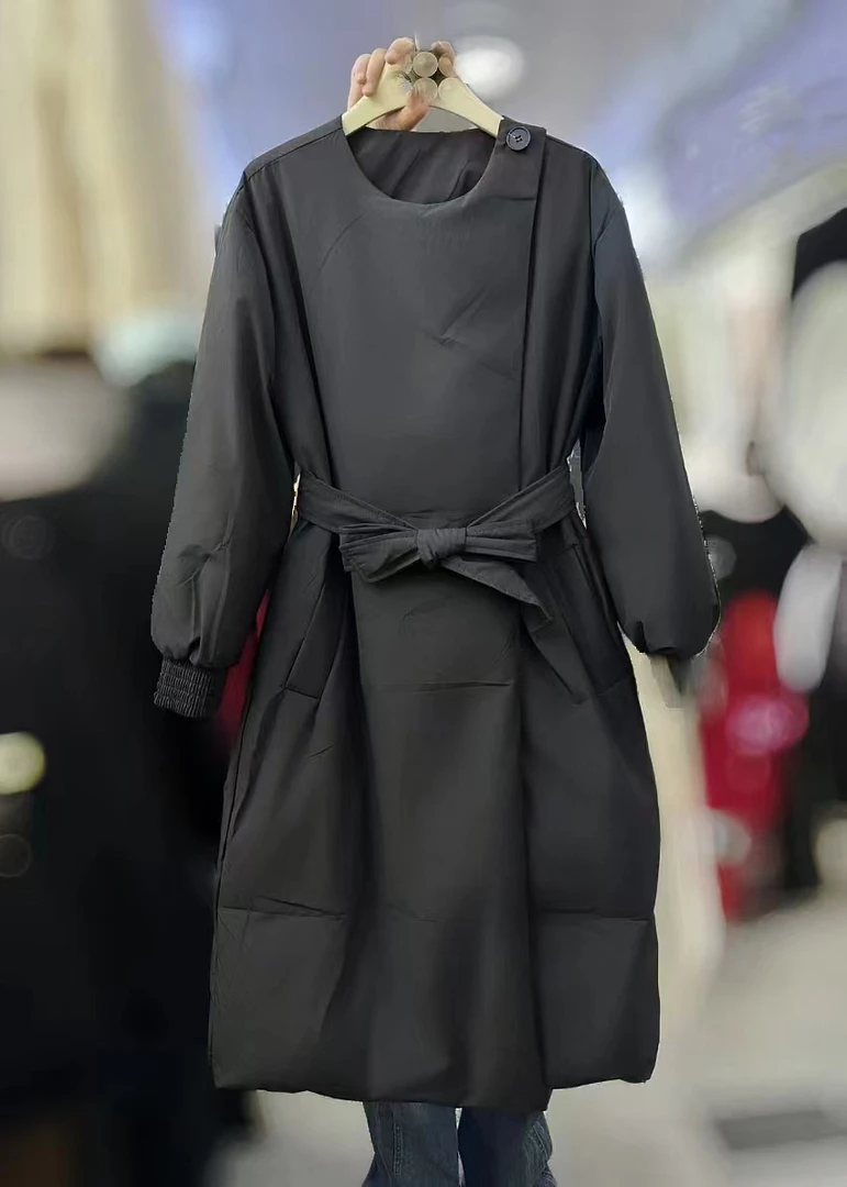 名园羽羽大衣黑色宽松长款过膝