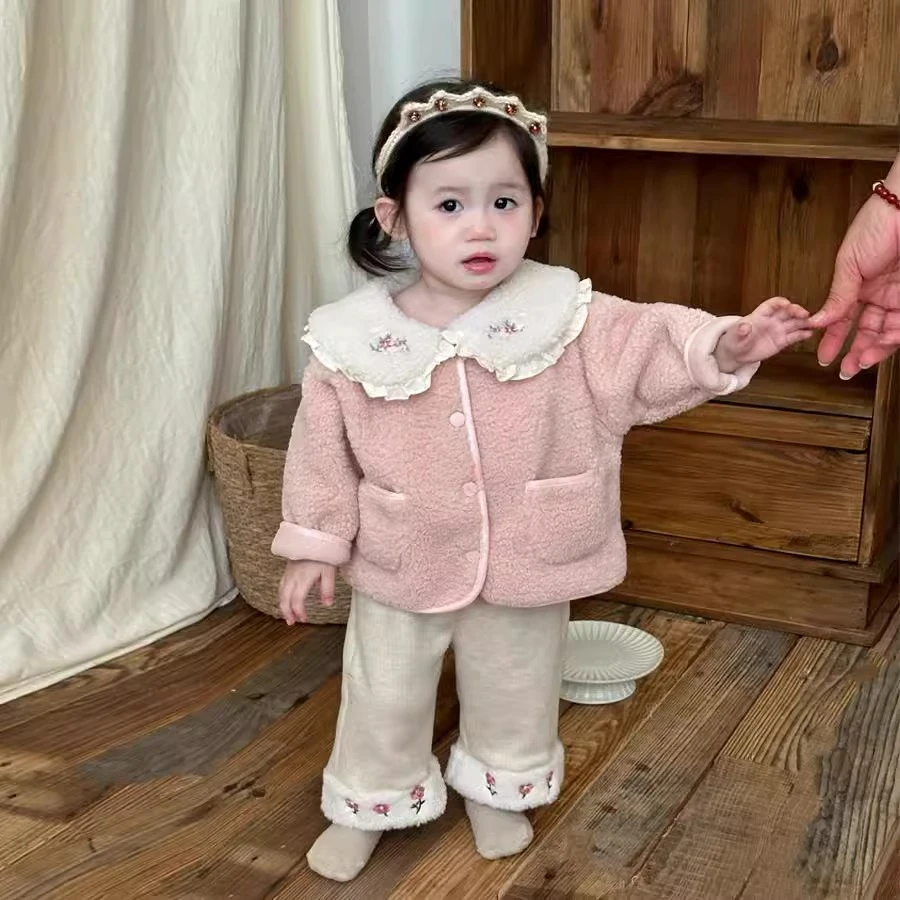 女童双面绒外套冬季韩国童装婴幼儿洋气加绒保暖棉服裤子两件套装