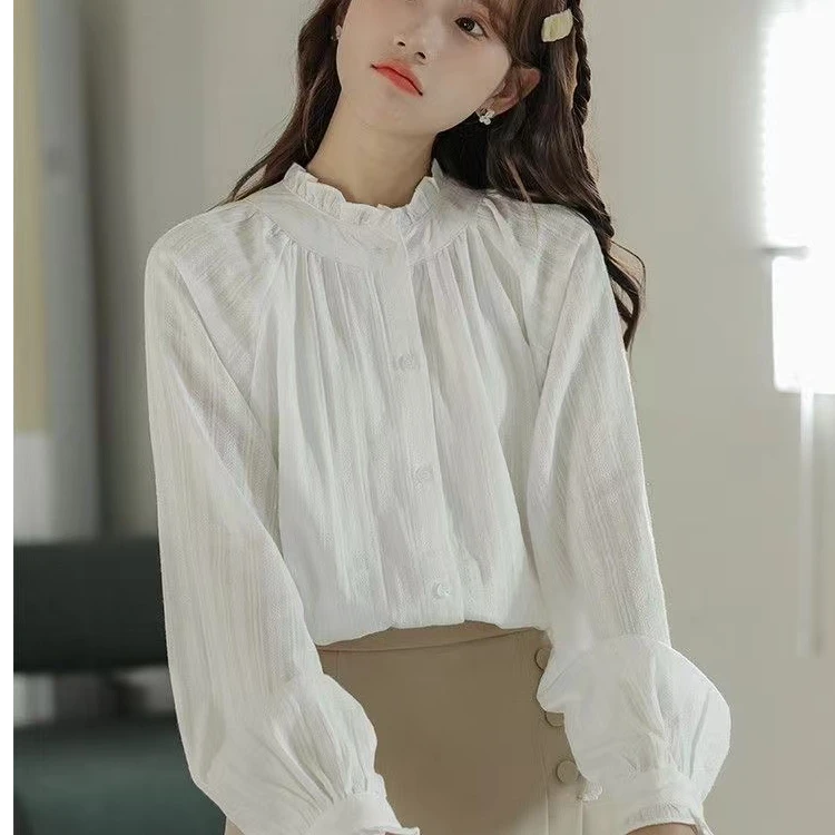 木耳边白衬衫女设计感小众2024春秋新款长袖叠穿衬衣宽松甜美上衣
