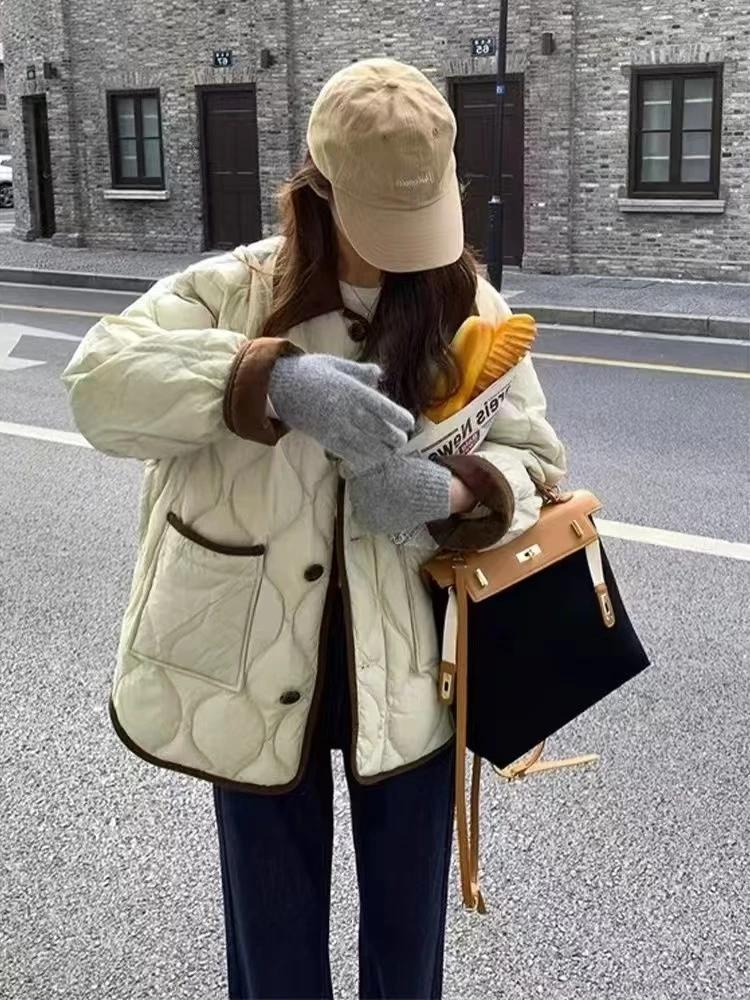 小香风大码棉服菱形格轻薄翻领棉衣2024年秋冬新款棉衣胖mm棉衣女