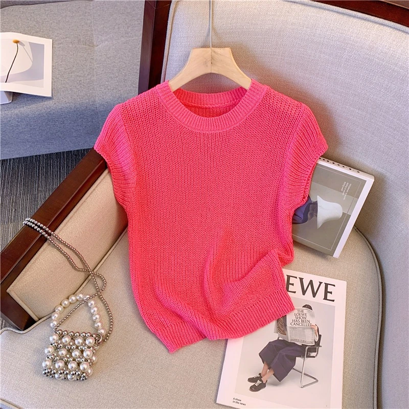 冰丝针织短袖正肩T恤女罩衫夏季薄款设计感小众紧身辣妹短款上衣