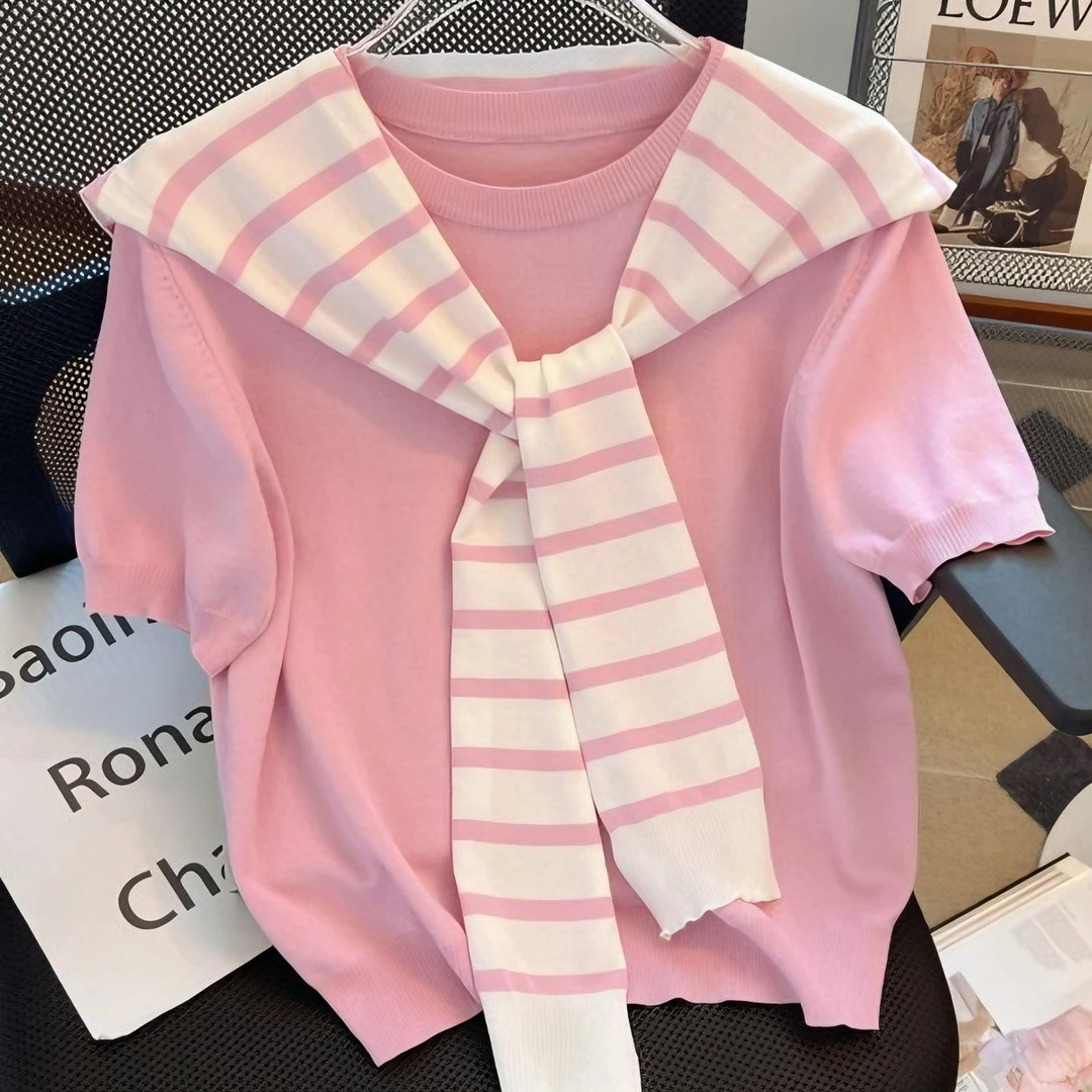 夏季短袖高级感套头宽松T恤女针织衫配条纹披肩拼接撞色体恤上衣