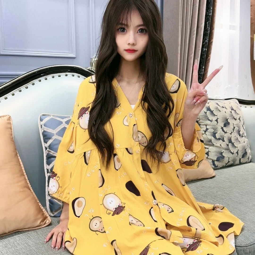 黄色牛油果新款流行夏季时尚大码开衫灯笼袖套装女士印花休闲宽松