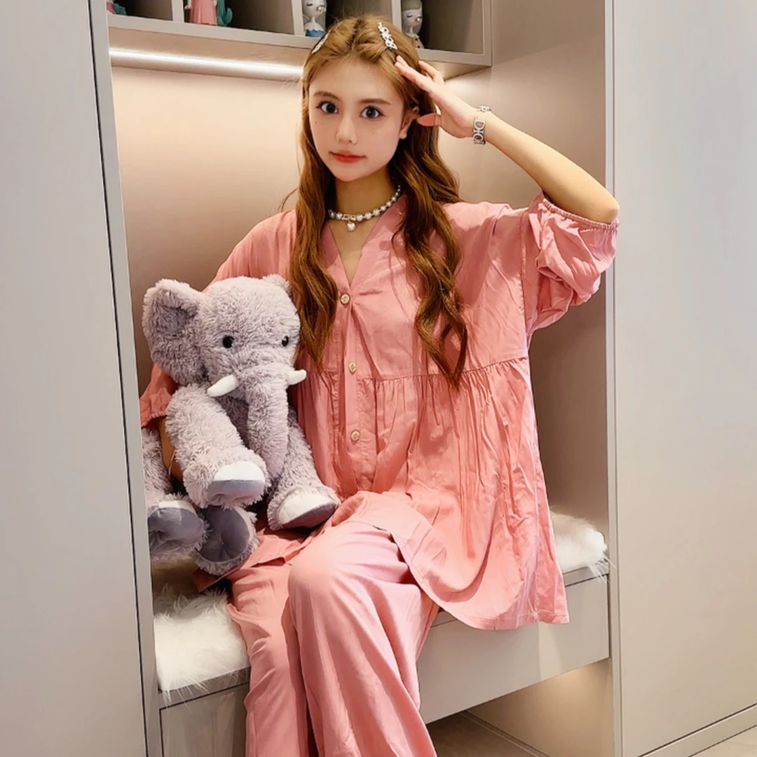 2025年流行新款夏季穿搭开衫减龄显瘦时尚大码家居服简约粉色套装