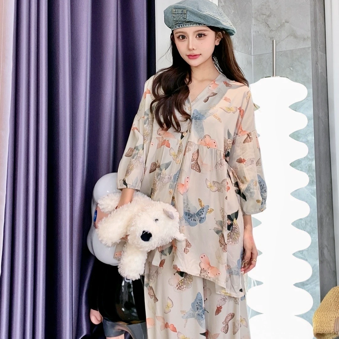 2025夏季休闲时尚新款热卖灯笼裤袖睡衣怦然心动彩色蝴蝶套装