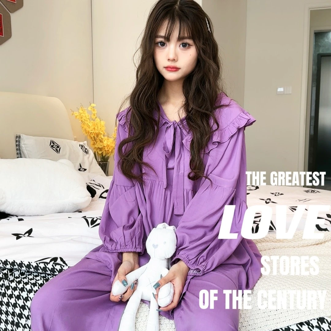 2025夏季薄款休闲印花流行女士旅游外穿睡衣家居服紫色棉绸套装