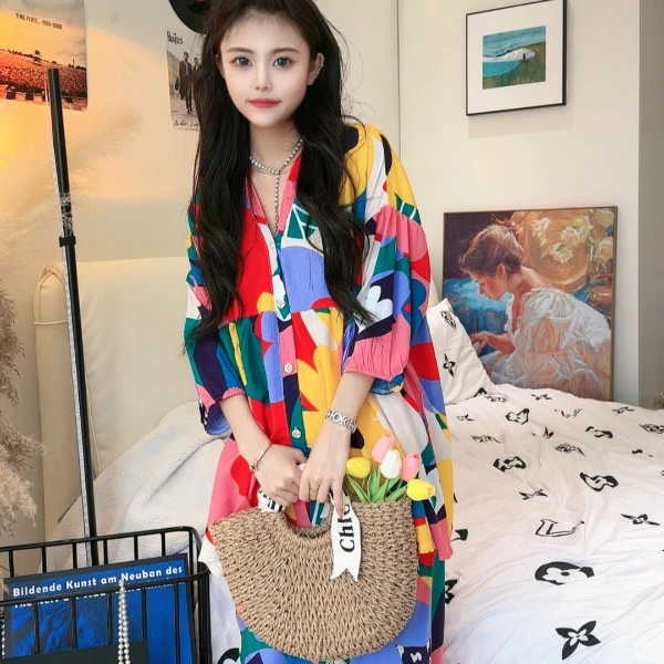 【棉绸套装】印花宽松休闲薄款流行新款开衫灯笼袖套装旅游可外穿