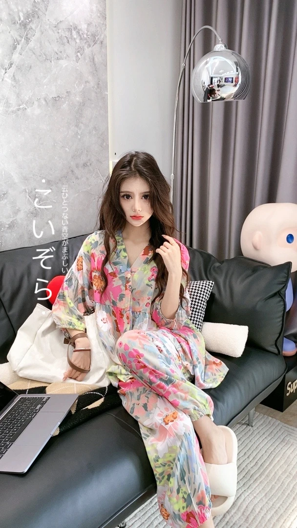 迷境（花园）流行新款夏季大码休闲开衫灯笼袖时尚套装家居服棉绸