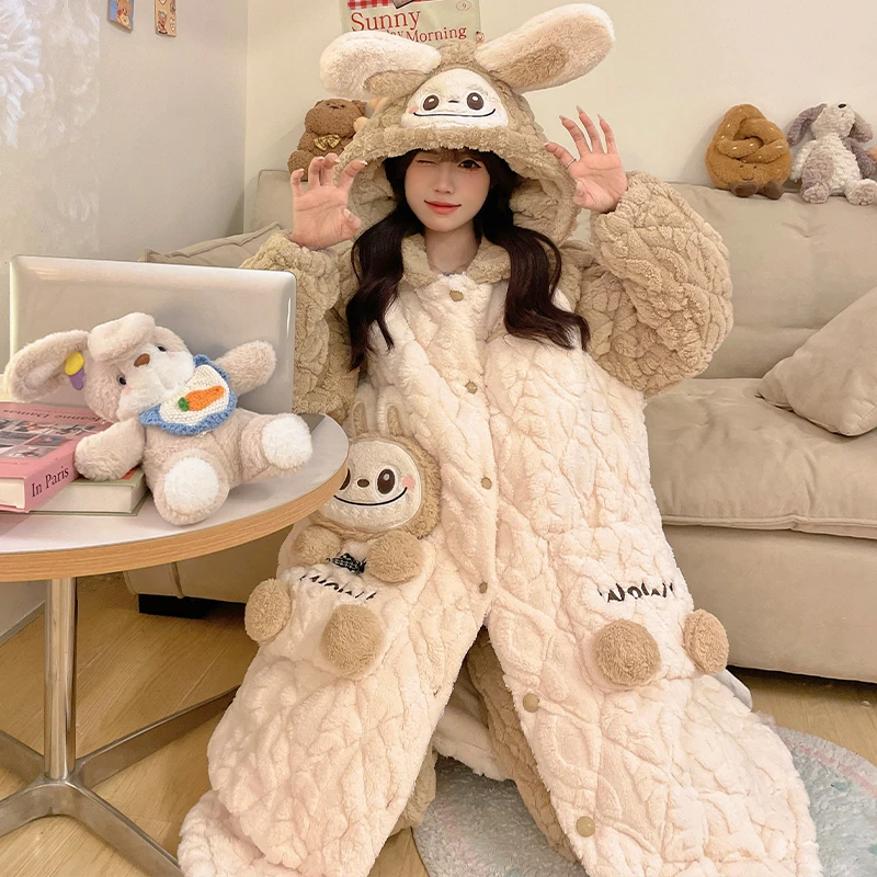 冬季女士睡袍三层夹棉可外穿珊瑚绒睡衣加厚加绒套装家居服