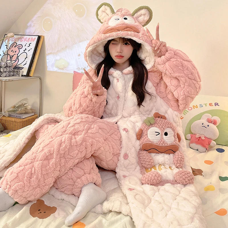 冬季女士睡袍秋冬款三层夹棉加厚加绒珊瑚绒睡衣套装家居服