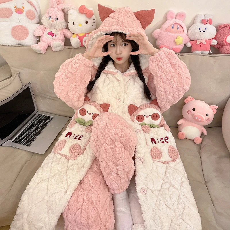 冬季提花绒睡袍女士三层夹棉套装甜美冬天加厚加绒休闲保暖家居服
