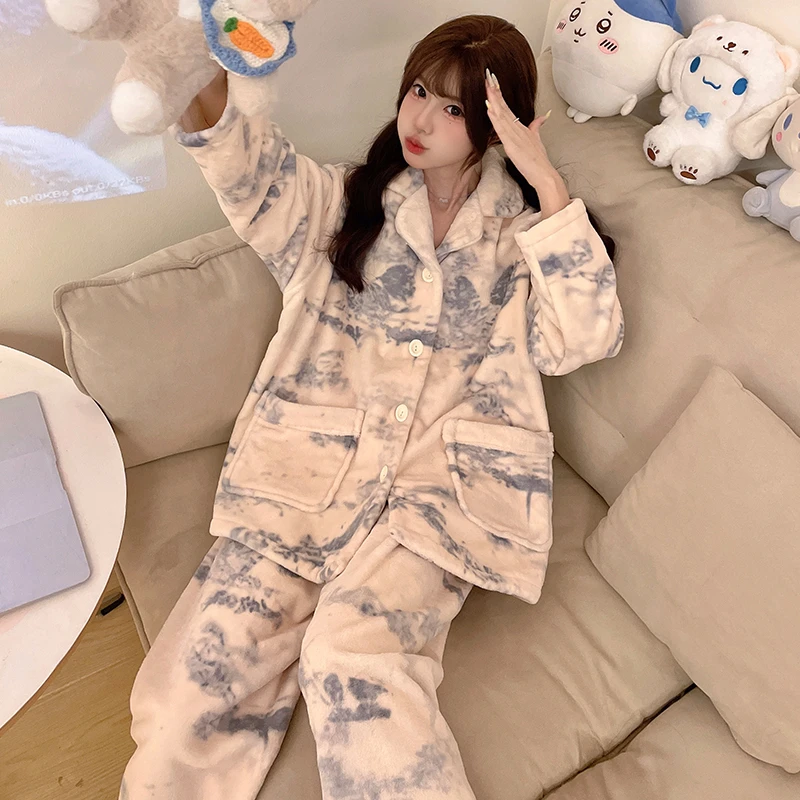 【国风水墨】女士长袖法兰绒可外穿睡衣舒适保暖加厚加绒套装家居服