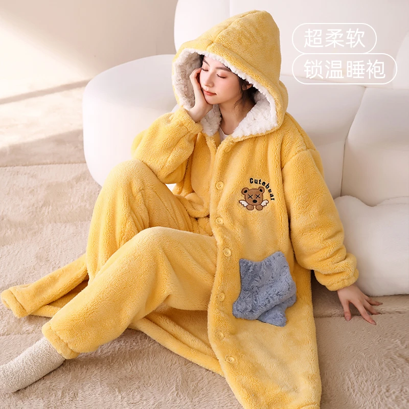 秋冬季睡衣女睡袍2024新款长款冬天卡通保暖加绒加厚家居服套装