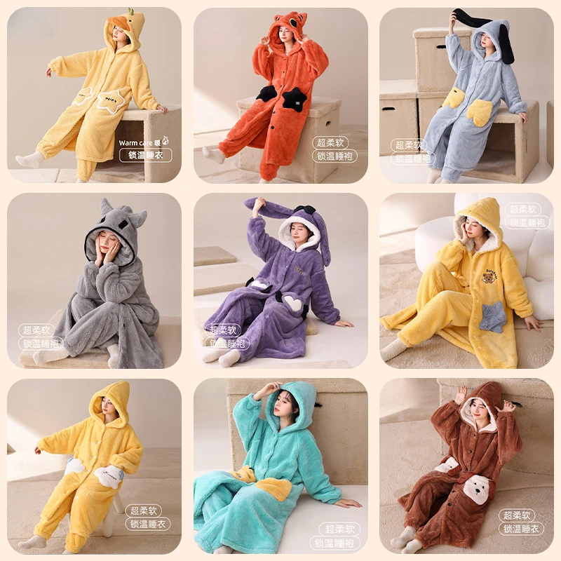 【女款连帽睡袍套装合集】雪花绒睡袍连帽女秋冬季加绒加厚家居服