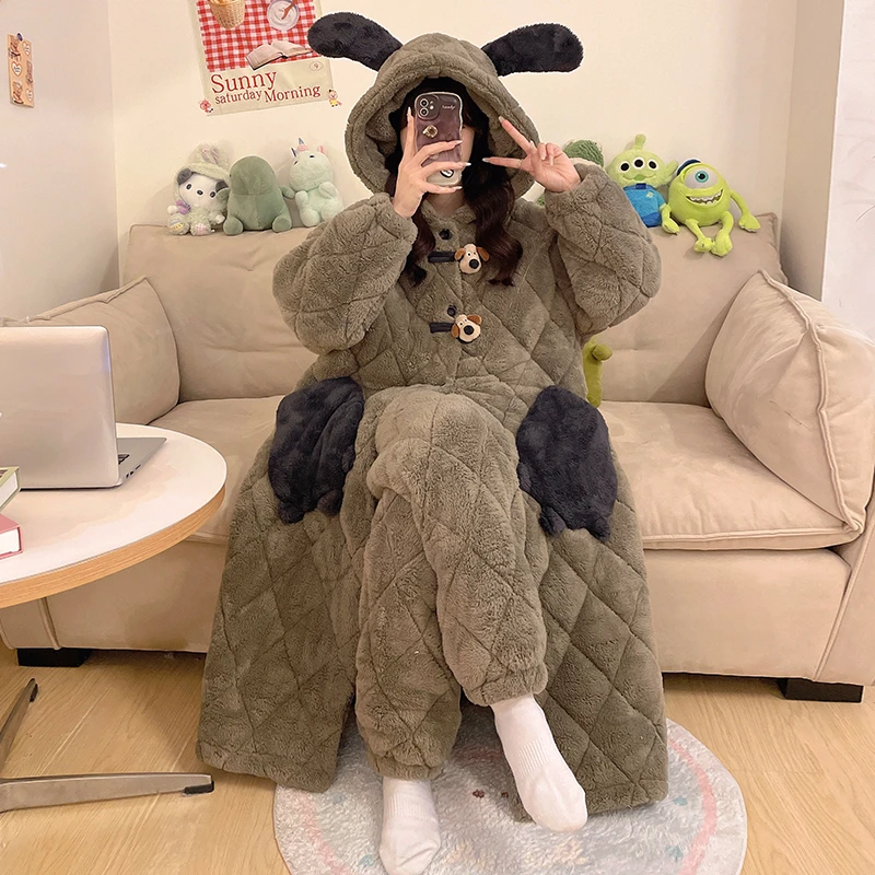 三层夹棉睡袍女冬季加厚加绒2024新款可外出秋冬珊瑚绒套装家居服