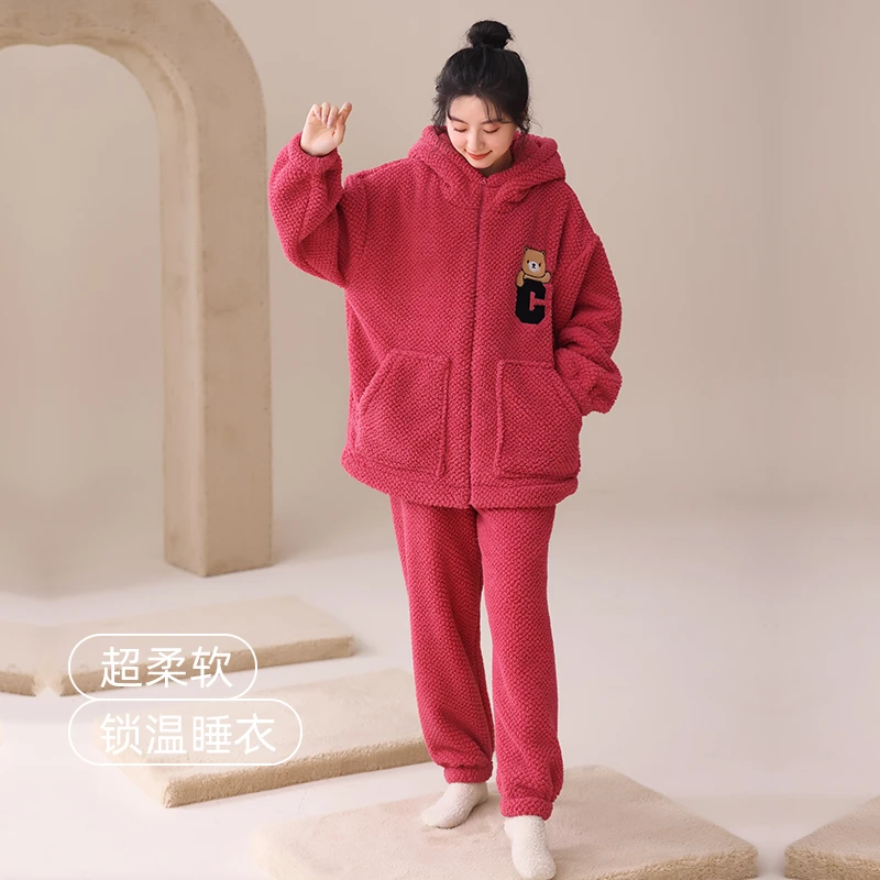 冬天新款女生加厚加绒宽松纯色简约舒适时尚可外穿睡衣套装家居服