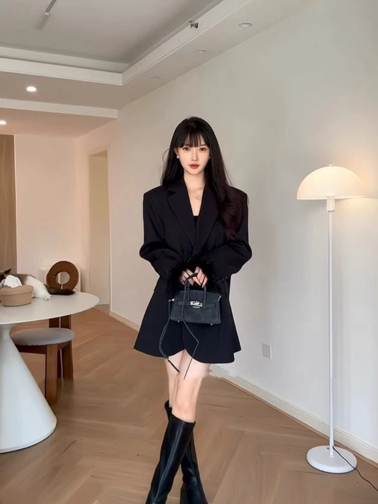 2025秋款黑色羽毛西装外套女高级感小众休闲宽松设计感小众西服女