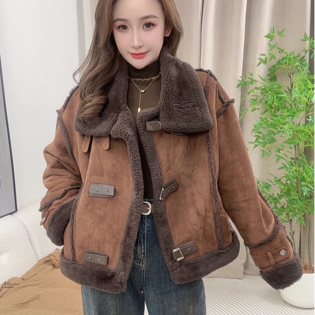 2024新款时尚高级机车服加厚加绒咖色皮毛一体厚外套女秋冬