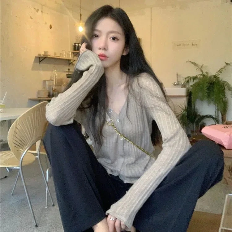 早秋v领针织开衫女秋季薄款设计感小众百搭长袖修身显瘦打底上衣