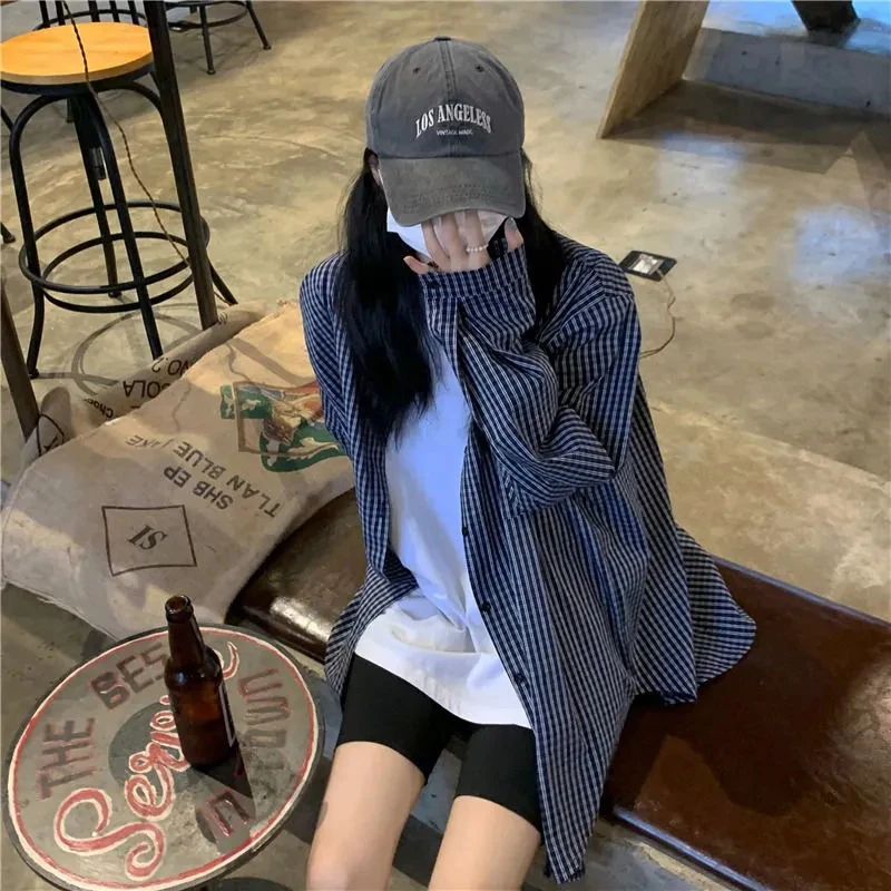 格子衬衫女设计感小众长袖衬衣外套秋季宽松外穿慵懒风中长款上衣