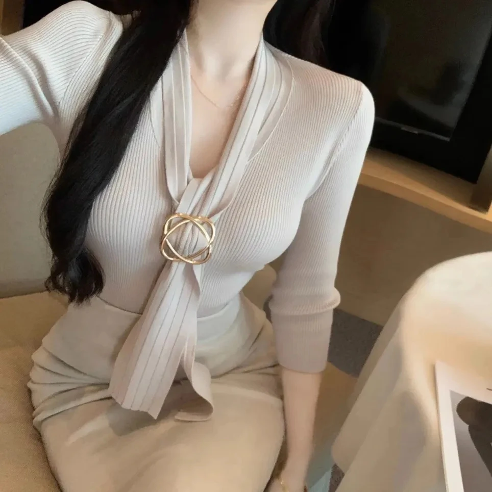 系带v领七分袖针织衫上衣秋季干练气质女飘带纯欲风修身显瘦上衣