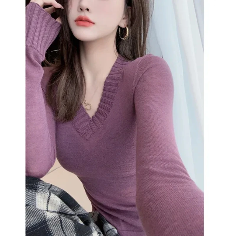秋冬季新款时尚纯色暗紫色V领长袖修身内搭打底衫针织衫女装