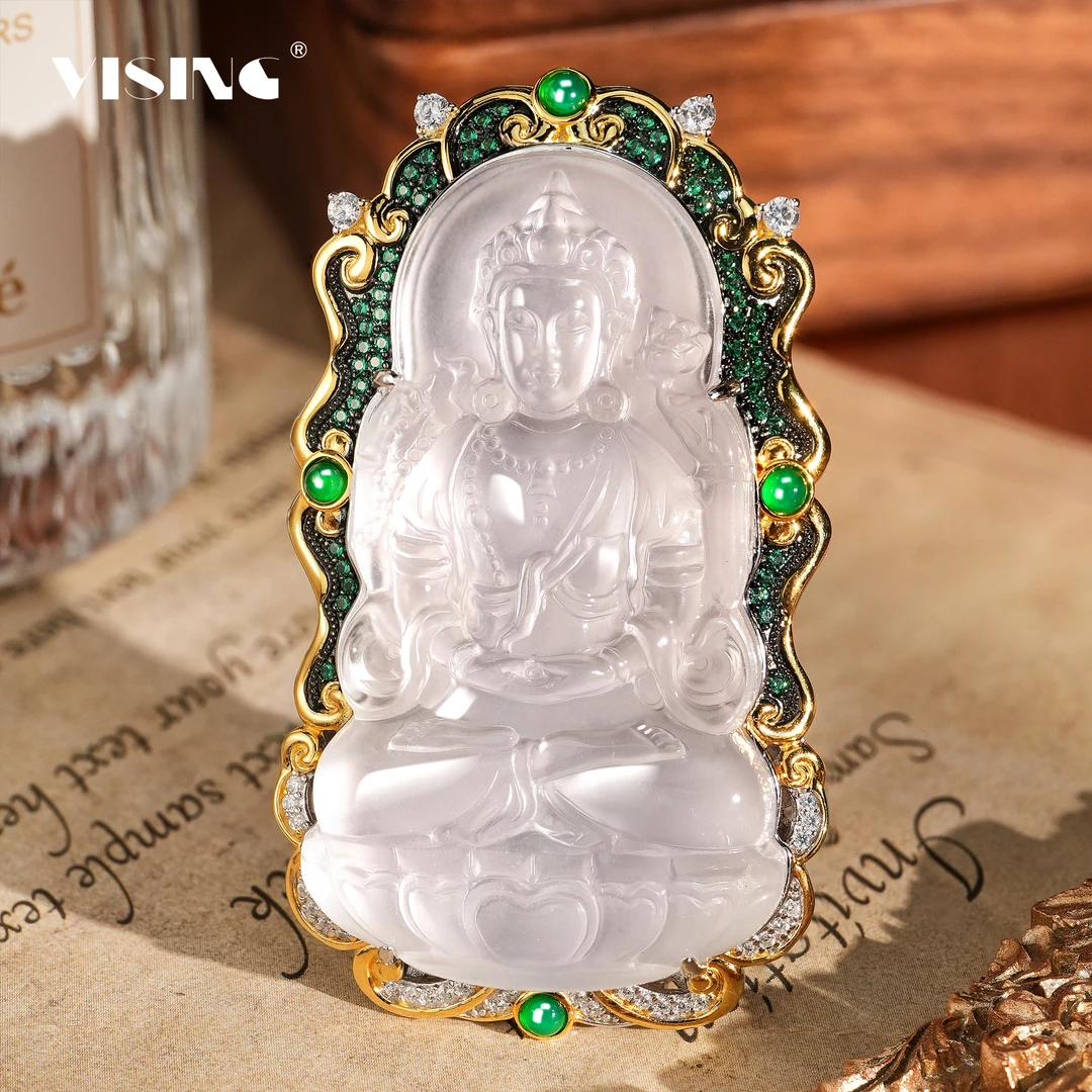 VISING天然石英质玉水沫生肖鼠守护神绿钻四臂观音吊坠冰透气质