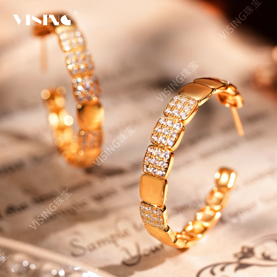 VISING 925银合成锆石耳饰 金色圆环耳环耳圈耳坠国风新中式饰品