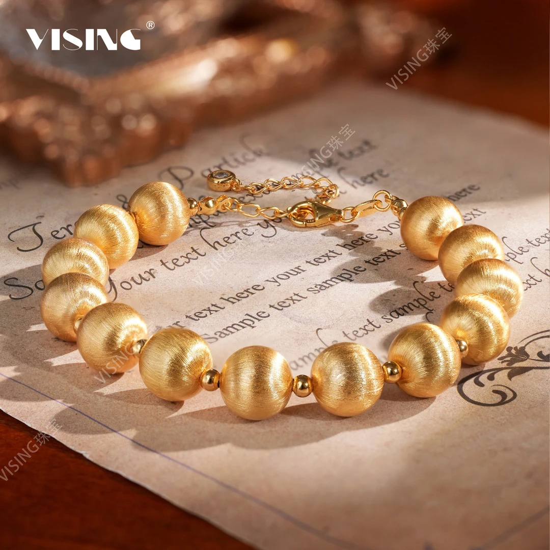 VISING 925银手链 纯手工拉丝10mm金色大珠珠手链手串国风新中式