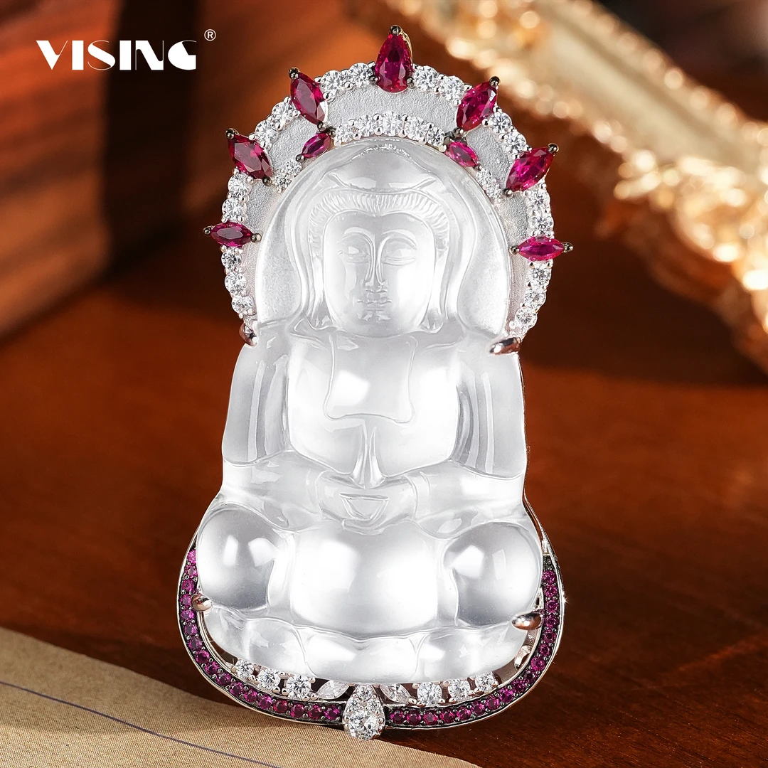 VISING天然石英质玉水沫子红钻大观音吊坠冰透气质镶嵌精美
