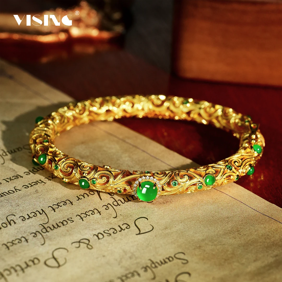 VISING马料绿玉髓古法手镯黄色镂空S925银镀金镶嵌国风时尚