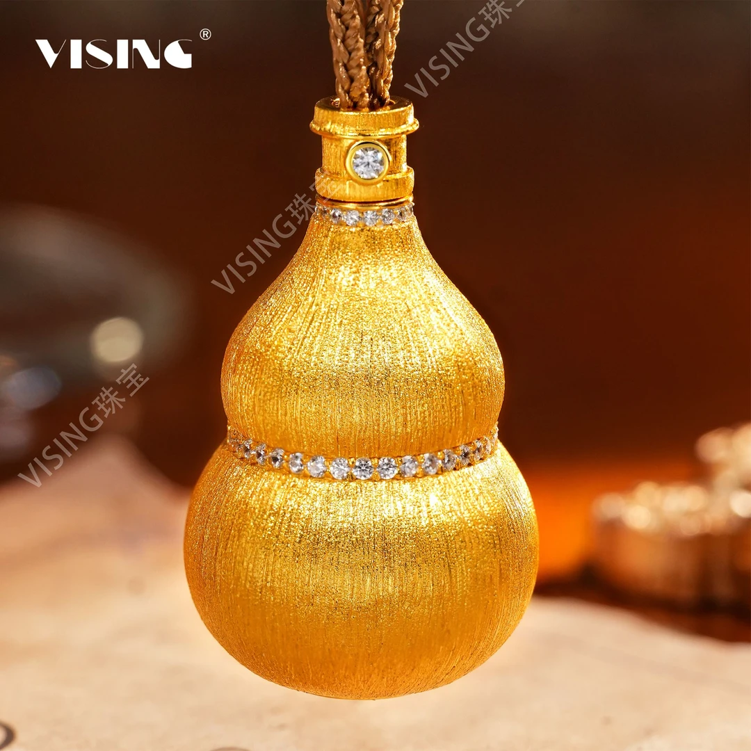 VISING 吊坠925银合成锆石 金色拉丝财神大葫芦吊坠国风时尚百搭
