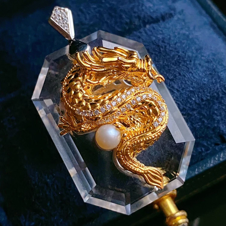 VISING天然白水晶设计款金龙在天龙牌吊坠金色气质时尚挂坠