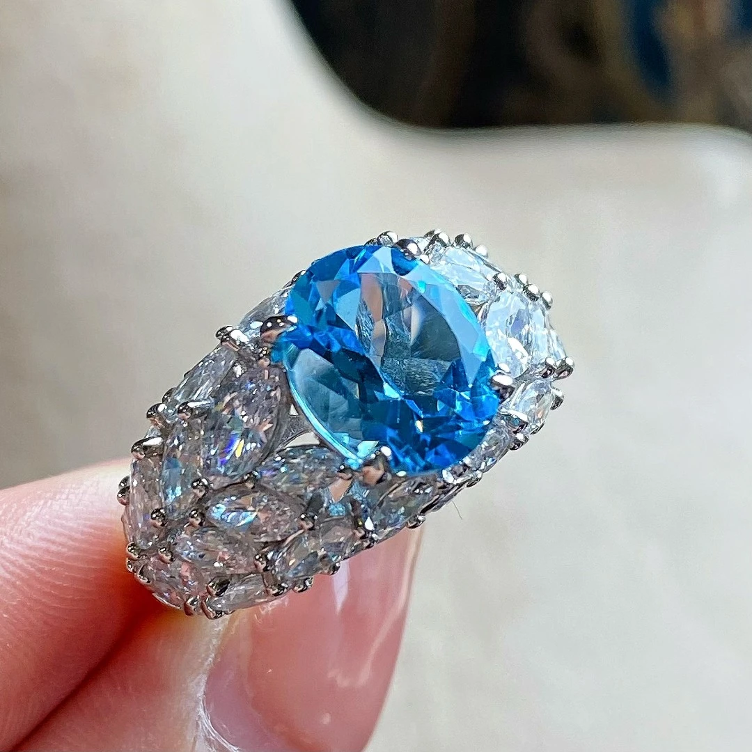 VISINGBB蓝圣玛利亚色天然托帕石戒指满钻蓝色轻奢气质时尚