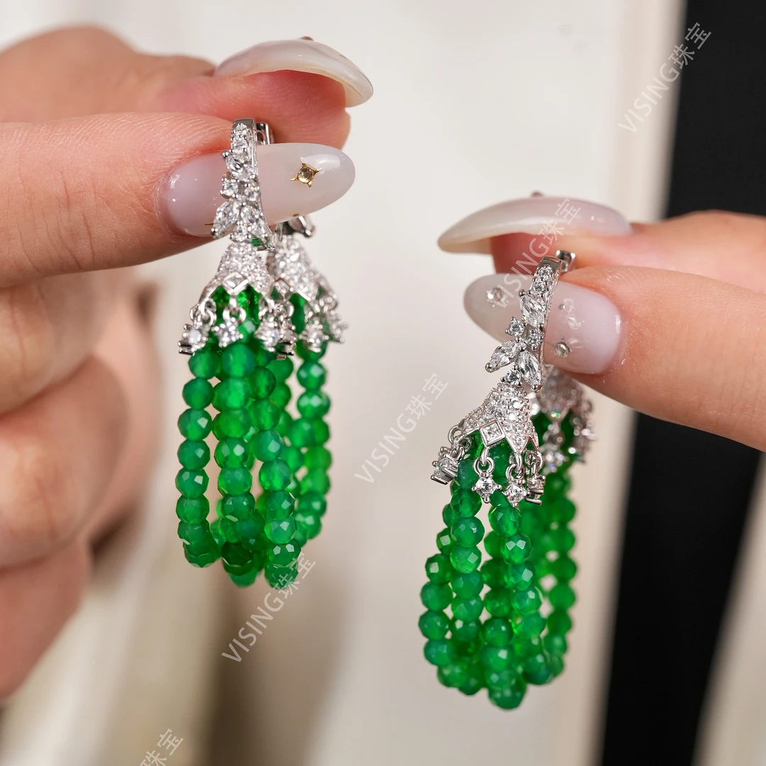 VISING马料绿玉髓小米珠流苏耳圈耳环耳坠国风新中式饰品百搭