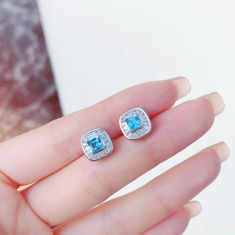 VISINGBB蓝圣玛利亚色天然托帕石耳钉气质蓝色轻奢时尚百搭