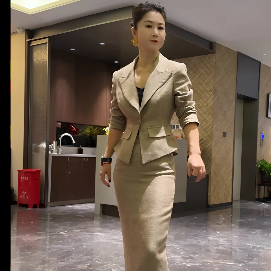 【高智淡人】原创设计套裙时尚气质显瘦网红一整套卡其金裙子套装