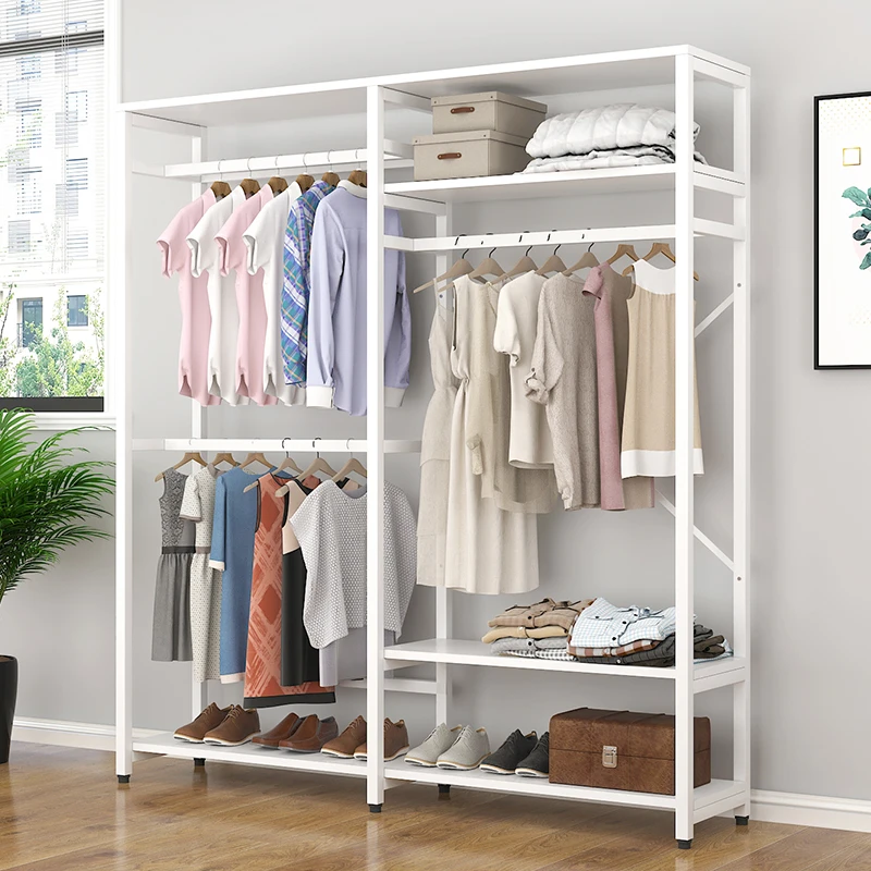 卧室挂衣架家用租房开放式简约双层落地衣帽间置物架多功能衣帽架
