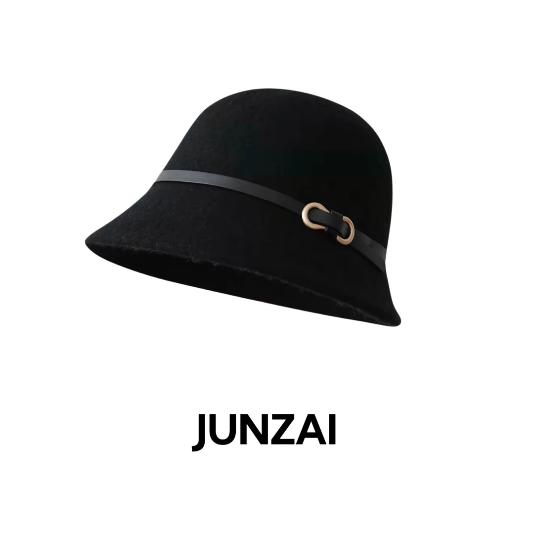 JUNZAI·皮带扣羊毛帽子女秋冬款日系礼帽渔夫帽显脸小盆帽