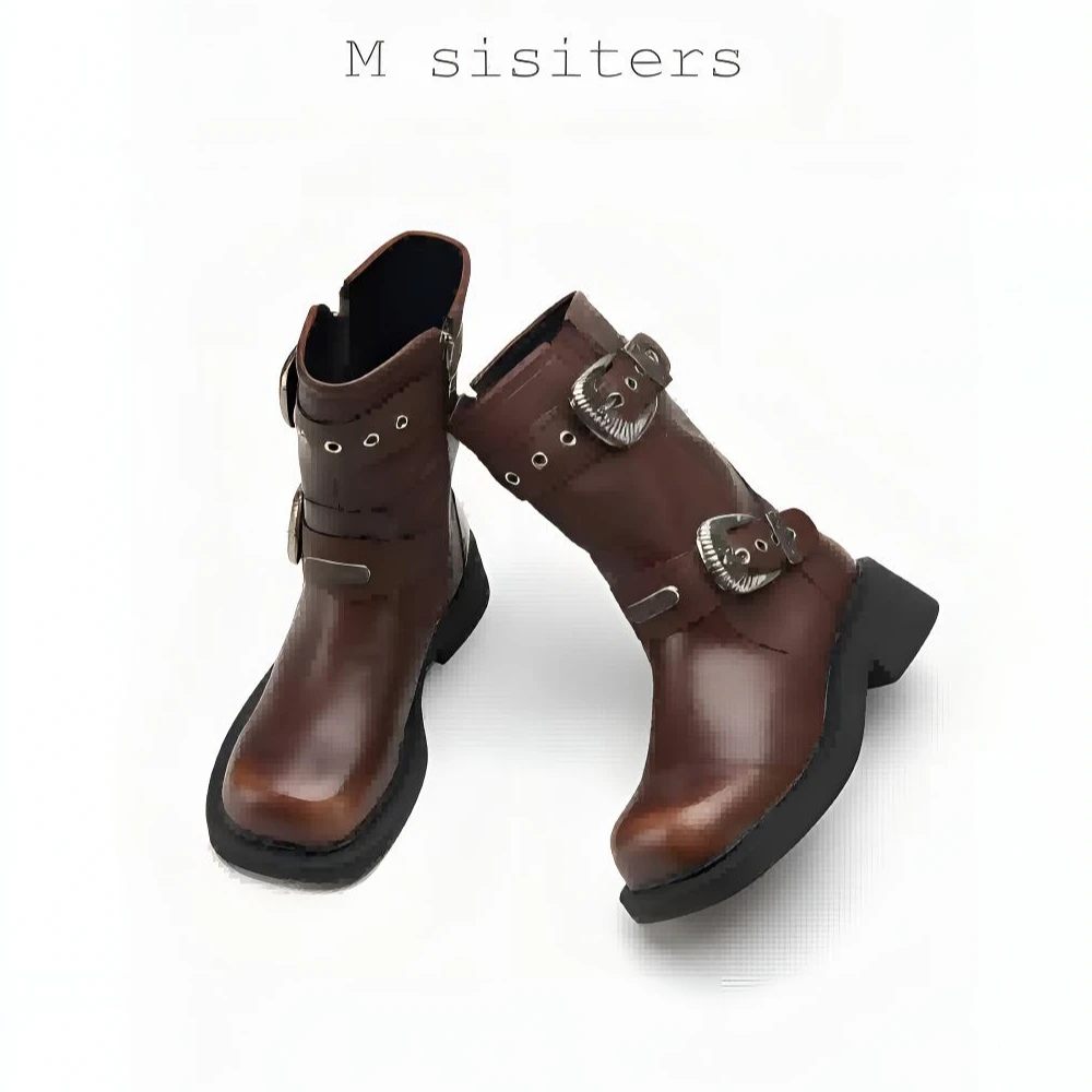 M sisters赵昭仪同款粗跟马丁靴女复古擦色厚底中筒靴皮带机车靴