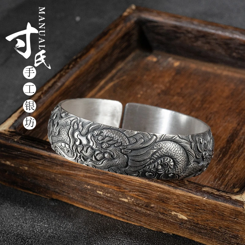 足银手镯 云南大理足银复古做旧宽面立体浮雕宽面龙纹手镯