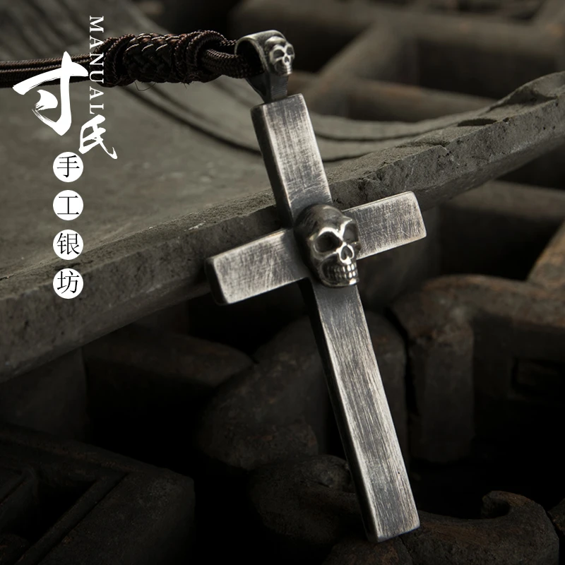 铁合金亚克力项链 骷髅十字架项链男士小众设计999足银情侣款吊坠