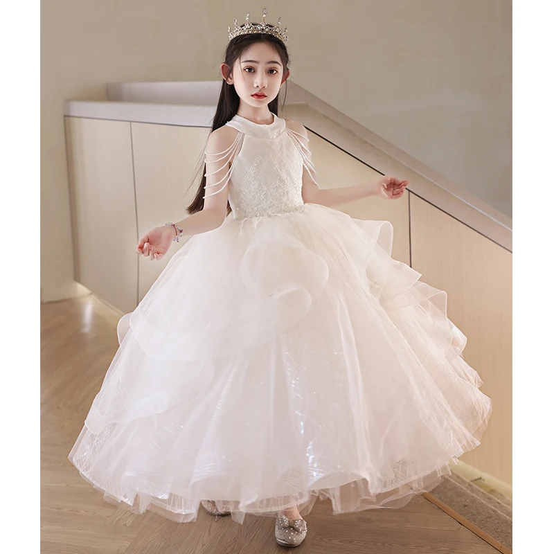 女童钢琴潮款礼服裙白色生日礼服蓬蓬裙婚纱主持人花童礼服晚礼服