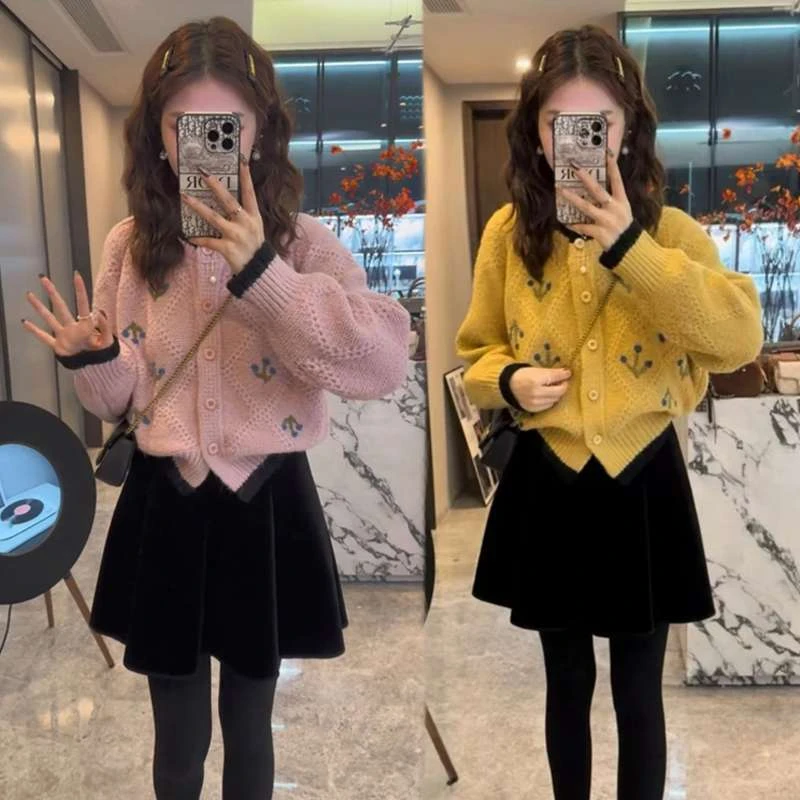 2024新款一整套秋冬穿搭减龄洋气针织毛衣女轻奢丝绒半身裙两件套